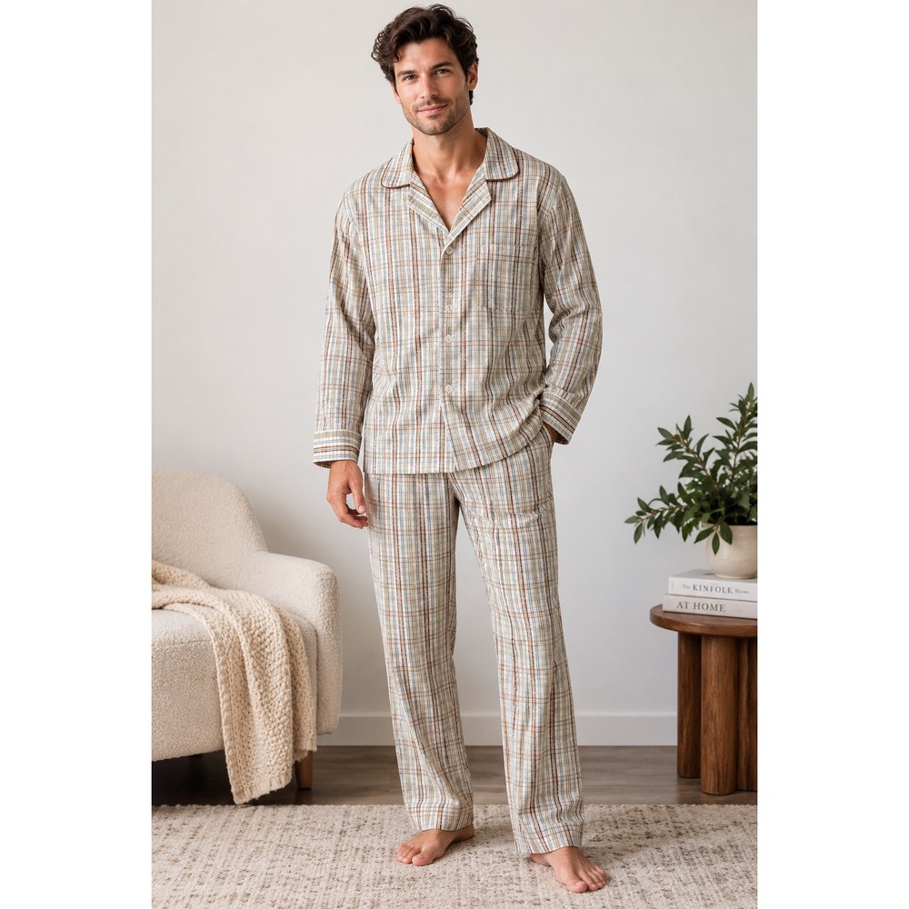 Vintage 60s 70s Mens Plaid Pajama Set Blue Tan Button Front Loungewear Medium